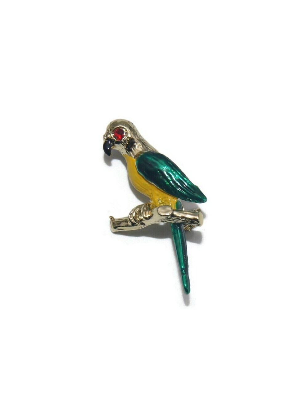 Vintage Gold Tone Parrot on a Branch Brooch with Yellow, Red and Green Enamel.